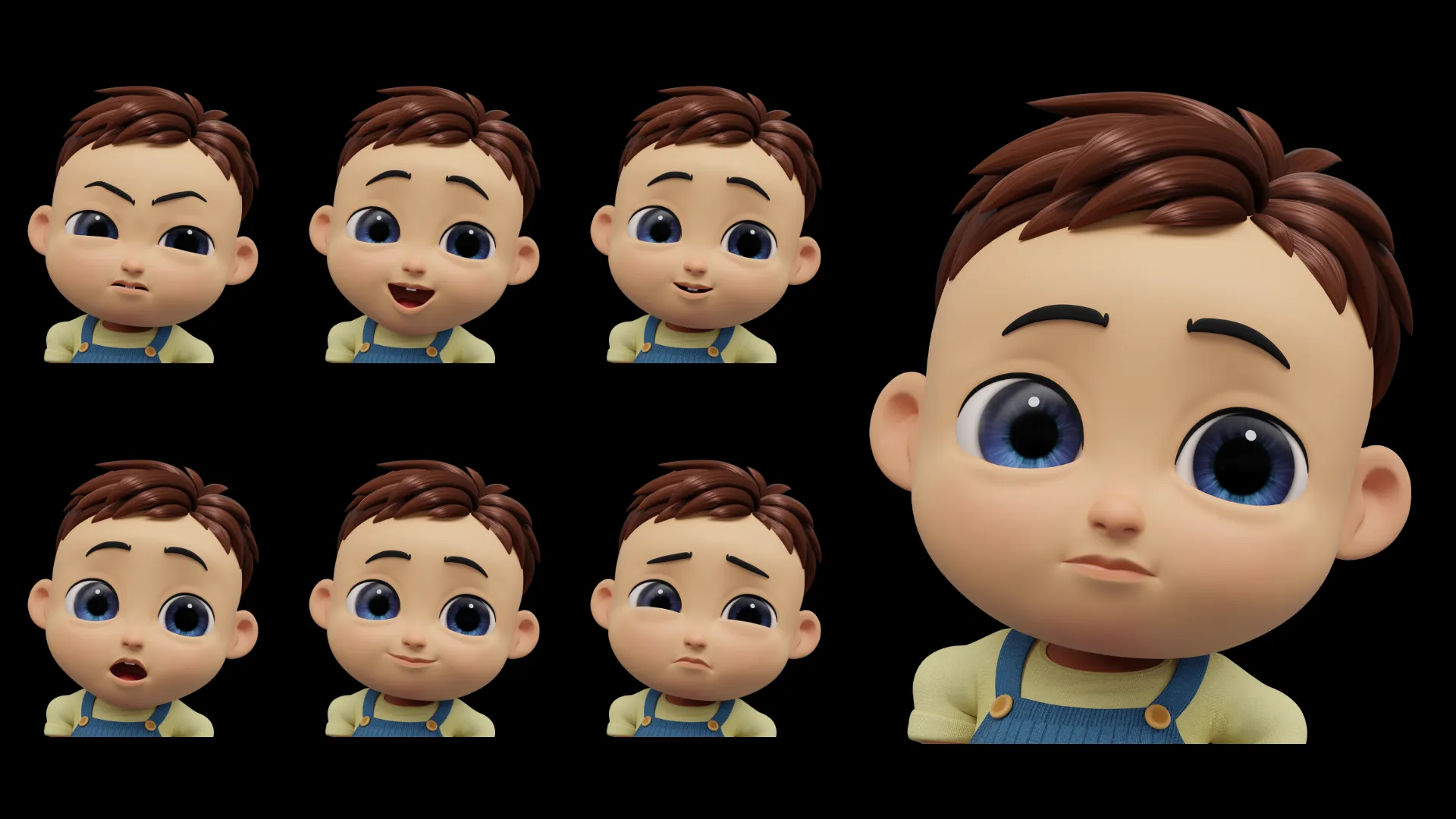 High-quality cartoon baby boy 3D character rendering showcase with expressions